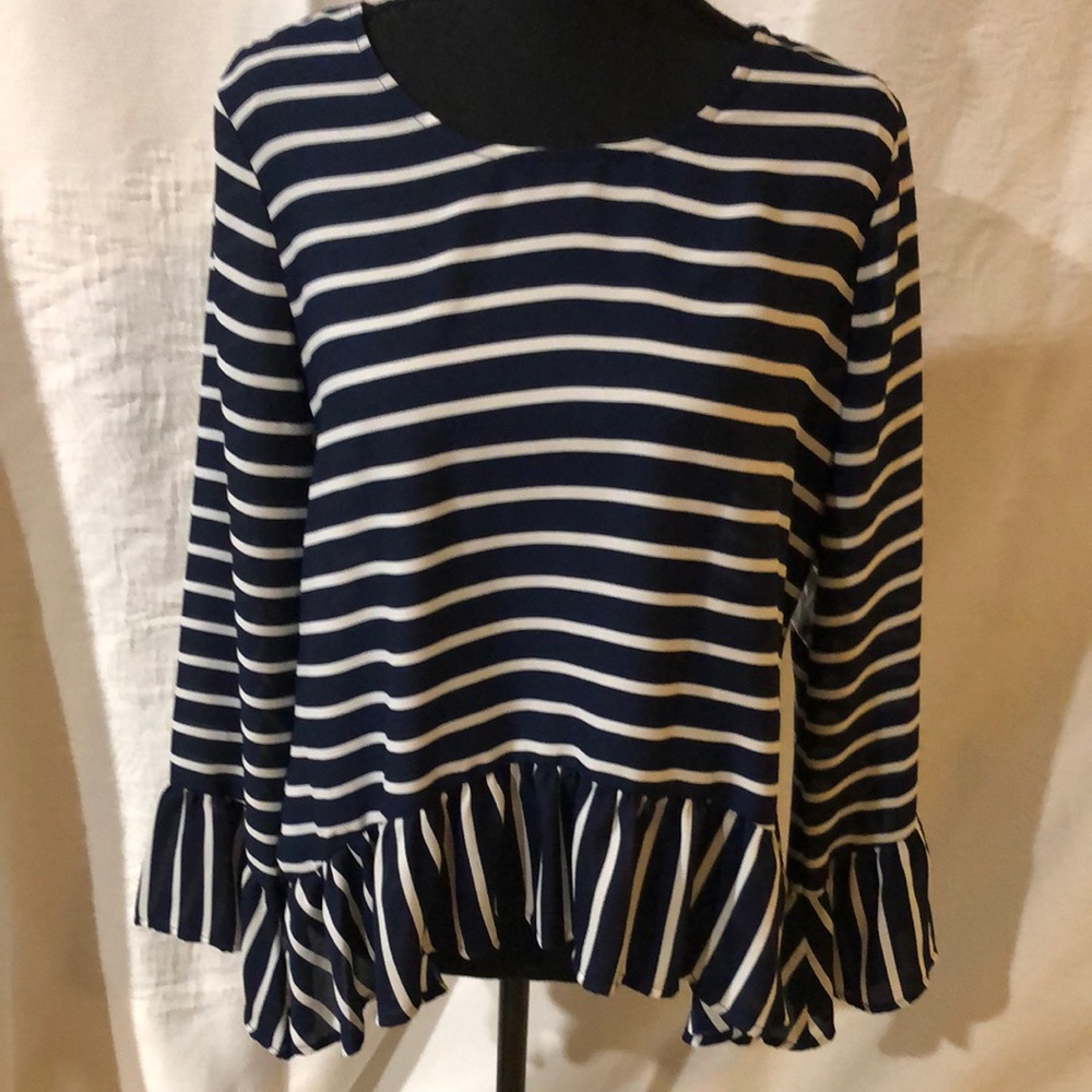 Ana long sleeve blue and winter white striped shirt, NWOT,‎ size medium